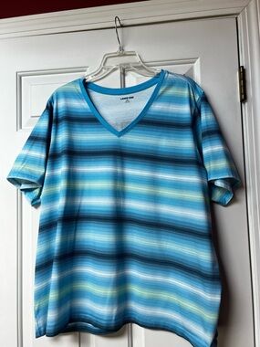 Lands' End Woman's Aqua and Navy Striped V-Neck Tee